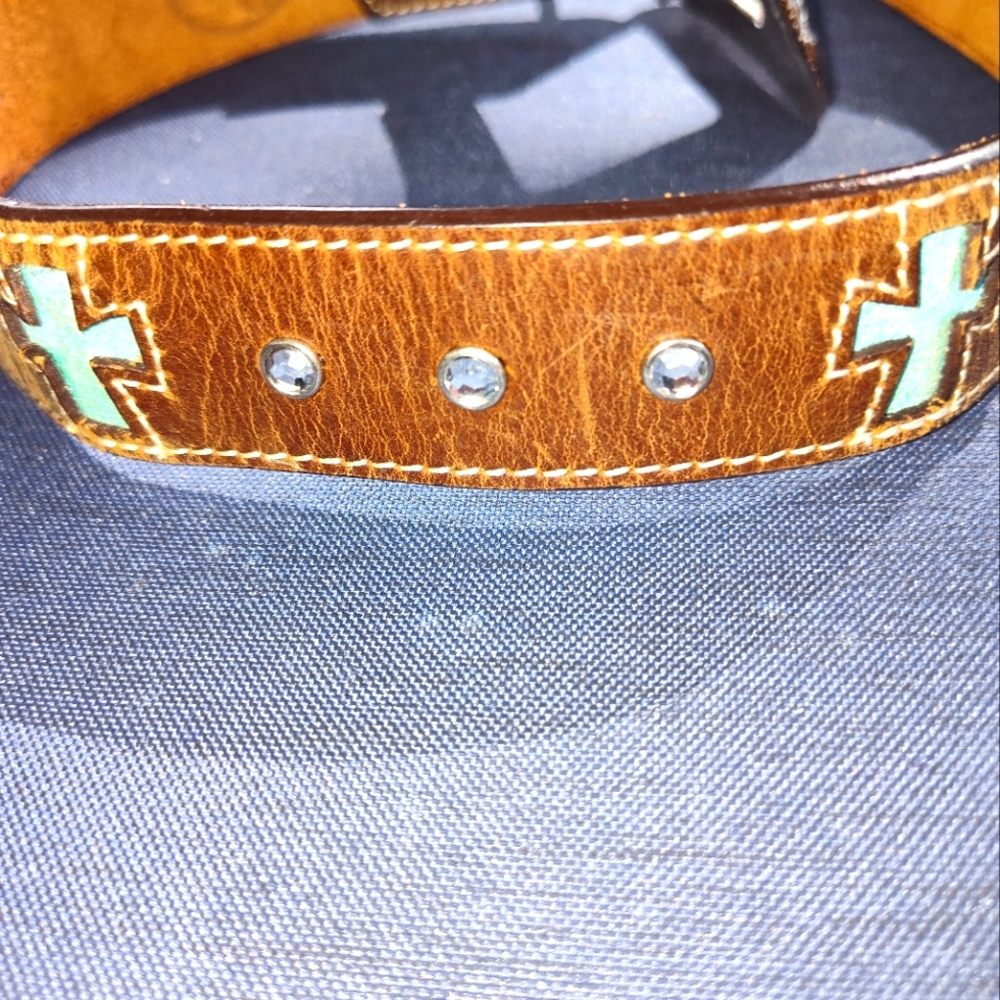 Leather Western turquoise cross and rhinestone belt silver buckle Cowboy 25" 28